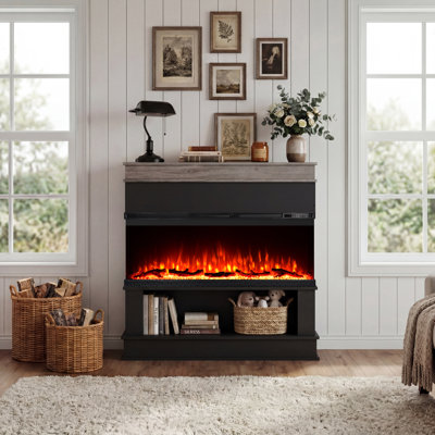 62" Black Freestanding 3-Sided Electric Fireplace with Mantel and Storage, Extra-Wide Fireplace Insert, 12 Color Flame, Flame-Only Mode, 1500W Heater