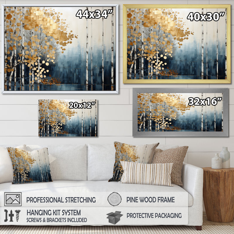 Minimalisme bleu et forêt dorée - art mural forêt, Cadre simple noir, H 30 po x l 40 po x P 1,5 po