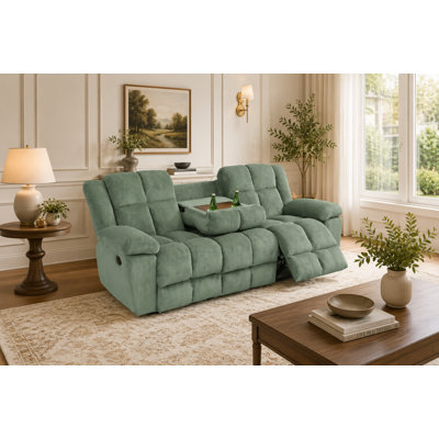Canapé inclinable électrique moderne en tissu à rayures vertes avec sièges rembourrés moelleux, dossiers de soutien et console porte-gobelet rabattable