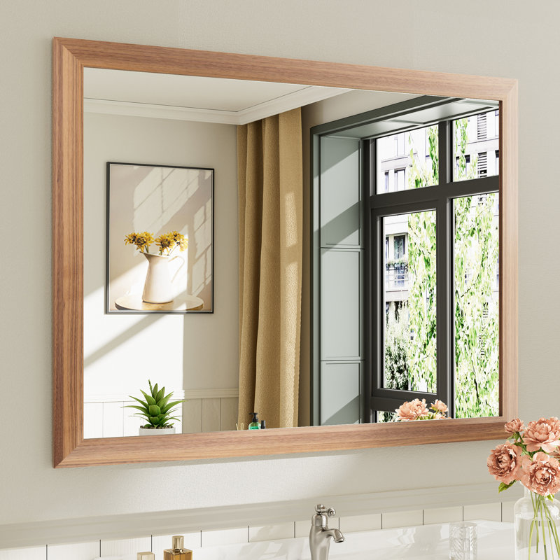 Miroirs de salle de bain modernes et contemporains en métal biseauté rectangulaire / carré avec verre trempé HD, Bois brun