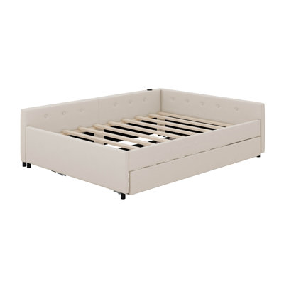 Upholstered Platform Bed with USB and Twin Size Trundle by Kunpeng