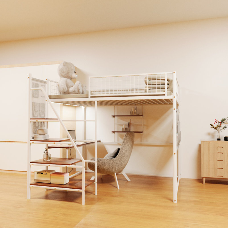 Full Size Loft Bed For Bedroom And Dormitory, With Built-In Charging Station And LED Lighting, White