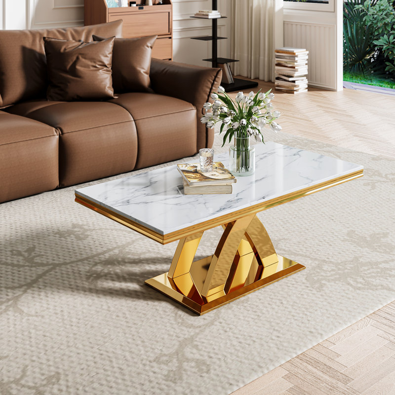 Rectangle Coffee Table With Luxury Mirrored Double X-Base, Gold