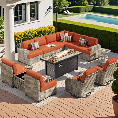 10 - Person Patio Furniture Set with Swivel Rockers, Outdoor Wicker Rattan Sectional Seating Group with Cushions, All Weather Sofa Conversation Set with Fire Pit Table for Garden Backyard