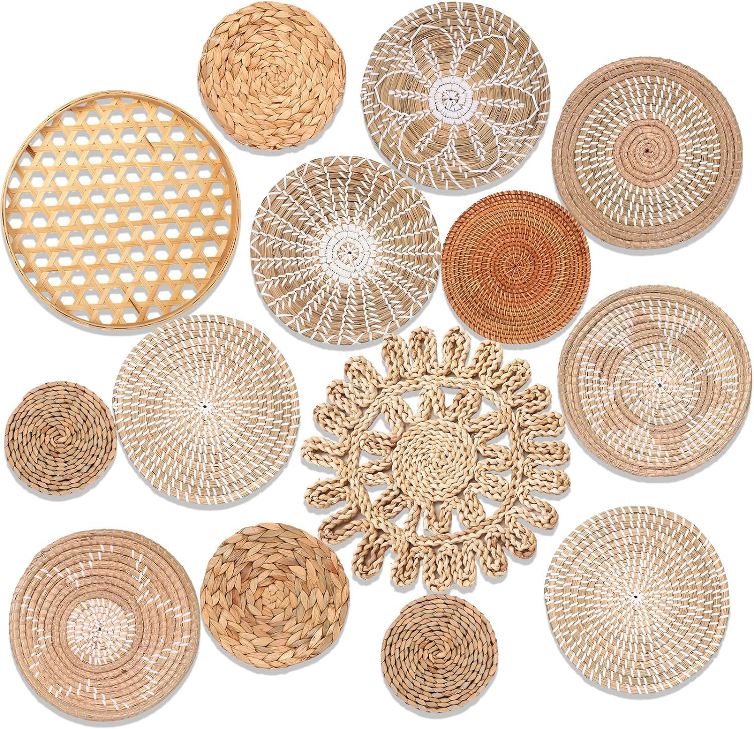 Lot De 7 Panneaux Muraux Bohème En Paille Tissée - Tailles Et Motifs Variés, Déco Naturelle