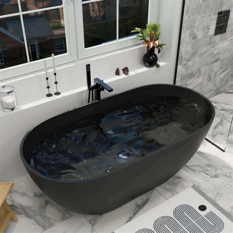 59" Freestanding Solid Surface Stone Resin Soaking Bathtub, Oval-Shaped Design with Overflow, Elegant Centerpiece for Modern Bathrooms