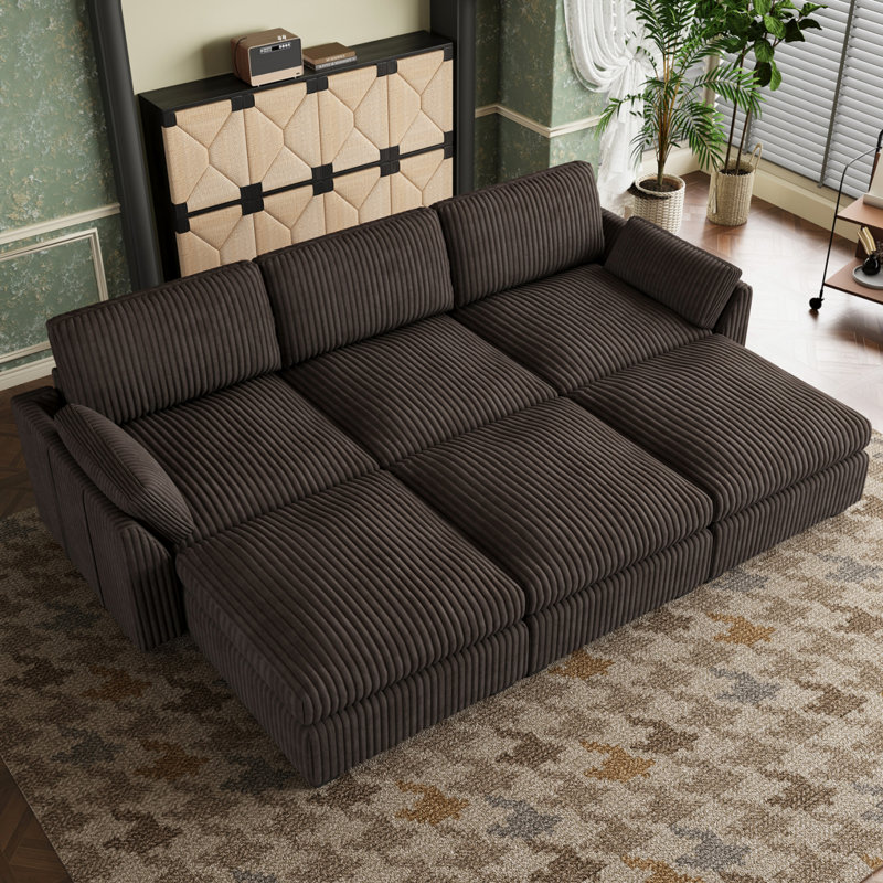 Plush Wide Corduroy Couch Modular Sectional Sofa Bed With Detachable Cushions, Brown Plush Corduroy