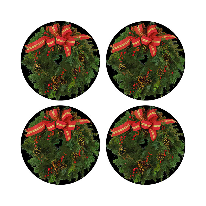 Christmas Wreath Vegan Leather Round Pebble Placemat, Black