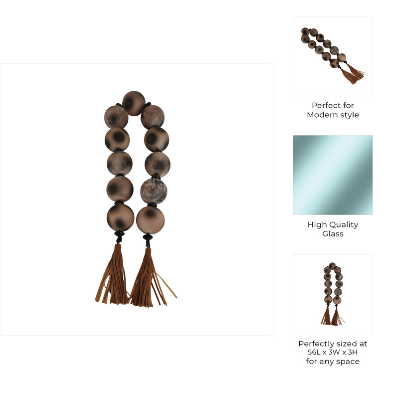Decorative Glass Beads with Metal Accent and Leather Tassel for Home Decor - Elegant Garland for Table, Shelf, and Living Room Decoration - Brown