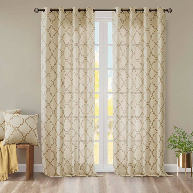 Panneau de rideau semi-transparent en polyester Stamatoula, H 84 po x l 50 po, Beige/Or