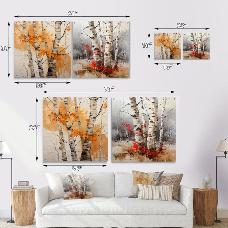 «Orange Brich Wood In Winter III - Tree Birch», ensemble de 2 peintures murales en acrylique, H 16 po x l 33 po