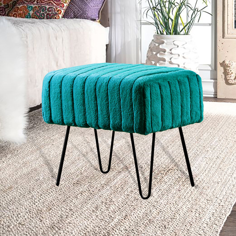 Defranco Upholstered Ottoman, Tile Blue Faux Fur