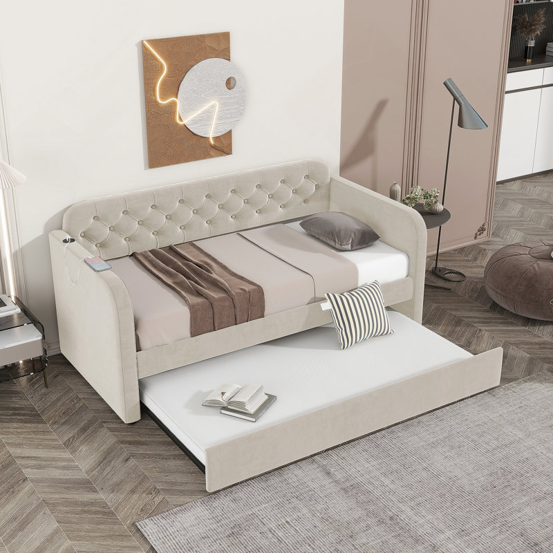 Twin Size Upholstered Daybed With Trundle And USB Charging Design, Velvet Upholstered Daybed Frame