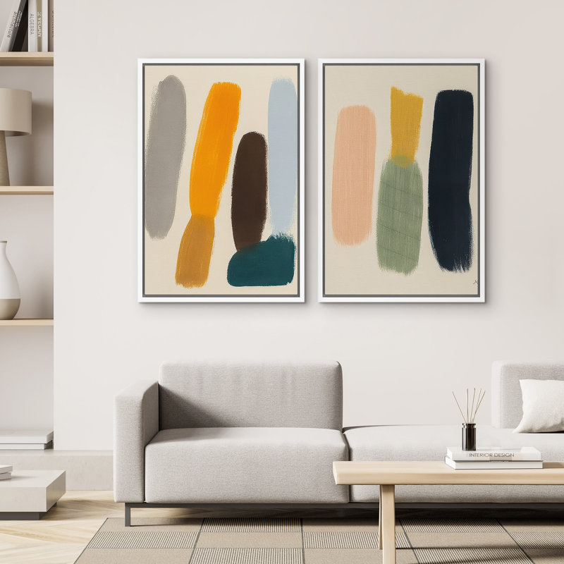 Art mural abstrait, ensemble de 2 reproductions d'art encadrées sur toile, H 24 po x l 32 po, Blanc
