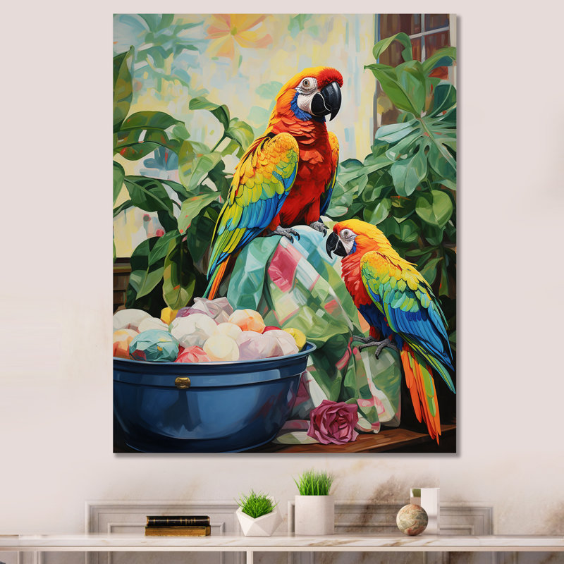 «Red Parrot Paradise I», art mural perroquet, Toile tendue, H 32 po x l 24 po x P 1 po