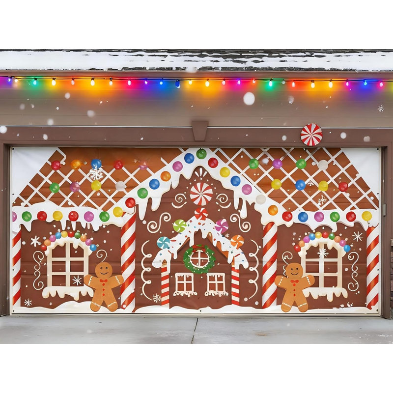 Couvercle de porte de garage en pain d'épice 6,4 x 14,6 pi, fond de Noël réaliste pour décoration murale extérieure et affichage de photos