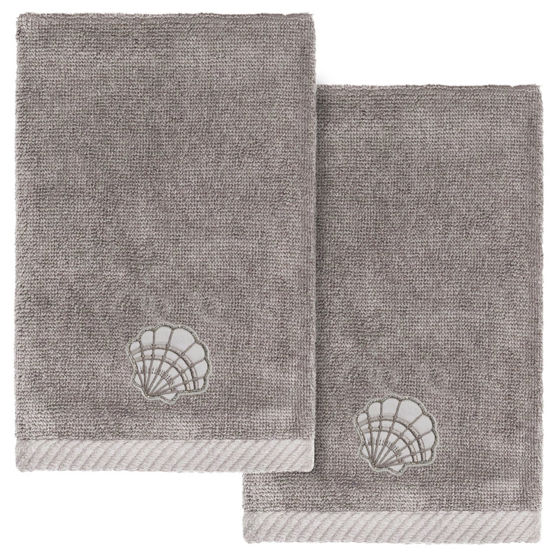 SHELL ROW 2PC Embellished Fingertip Towel Set 100% Turkish Cotton Fingertip Towel, Charcoal