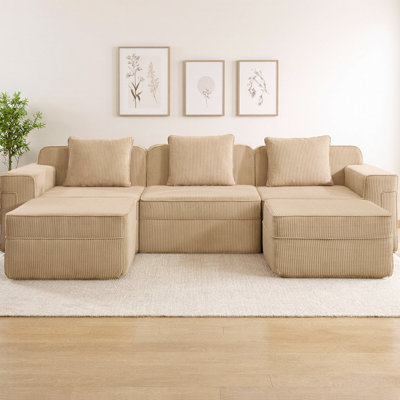 Modular 3-Seater Cloud U-Shape Sectional Sofa with 2 Movable Ottomans, Corduroy Fabric, Deep Seat Boneless Design, Includes Throw Pillows for Living Room