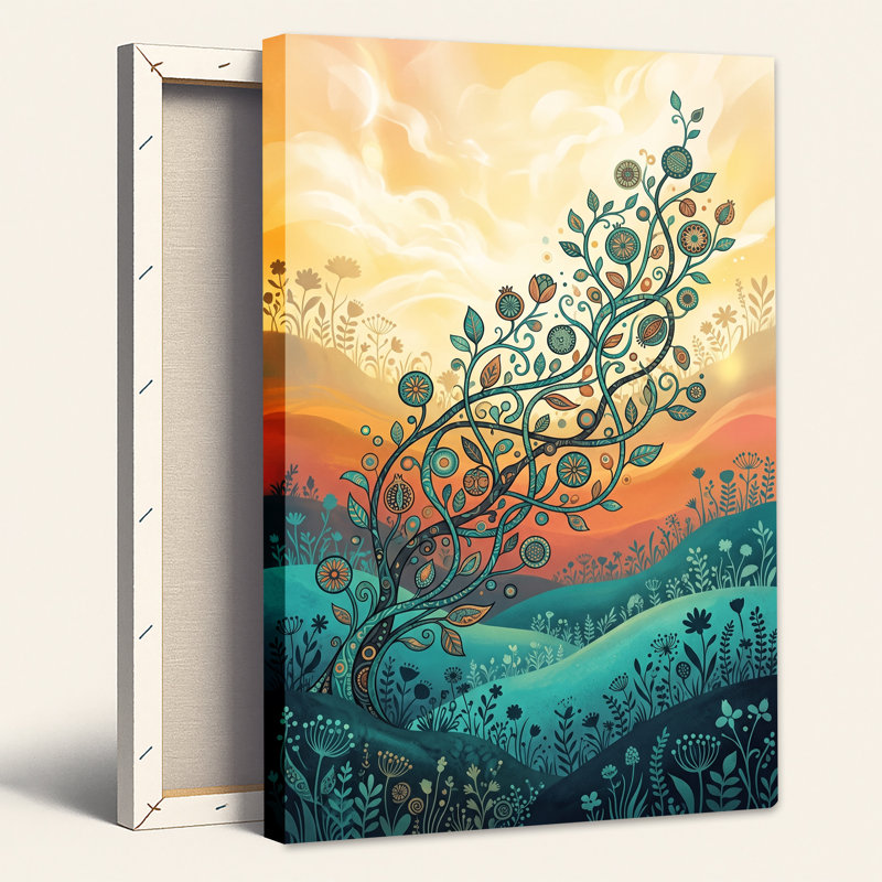 «Swirling Teal Tree in Sunset Landscape», art mural sur toile, 30"H x 20"W