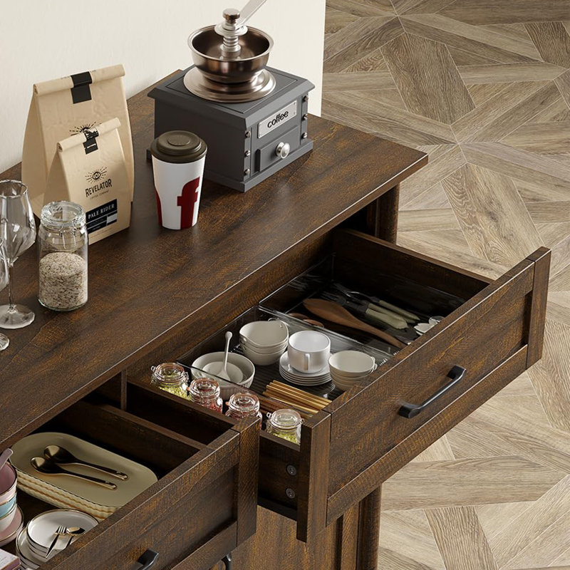 Buffet 47,2 "de large avec 2 tiroirs - Console noire avec tablettes réglables - Crédence de rangement à 3 portes - 5 pieds renforcés