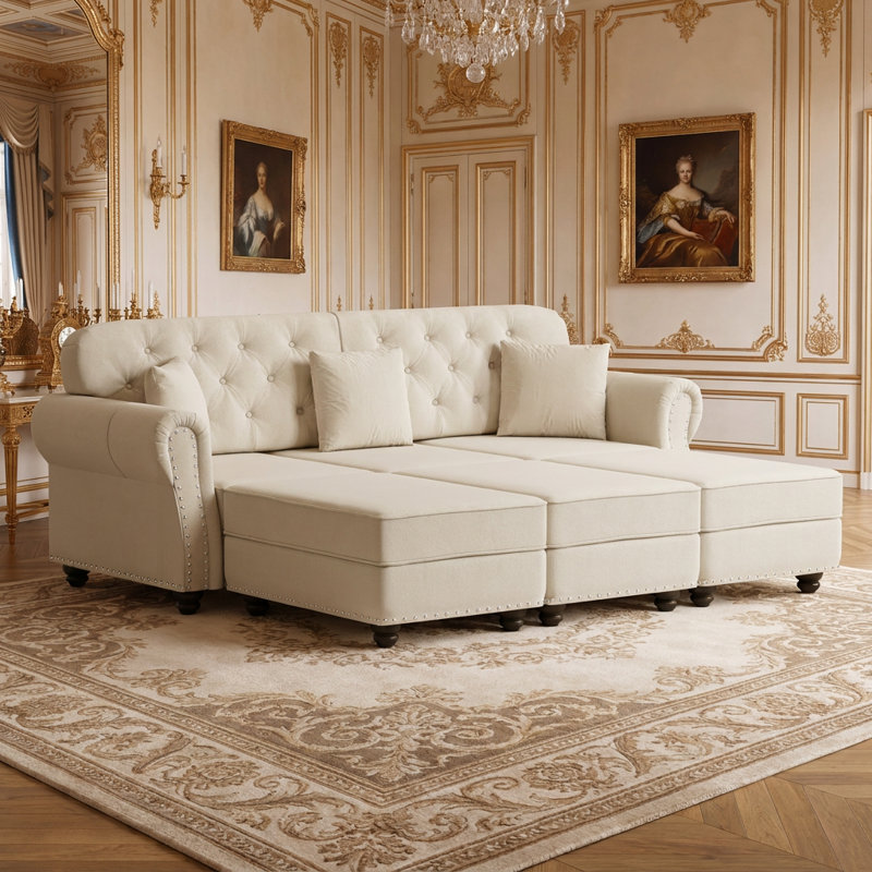 Canapé Chesterfield 82,6 po Mid-Century moderne avec capitonnage à boutons, garniture cloutée, accoudoirs roulés, coussins