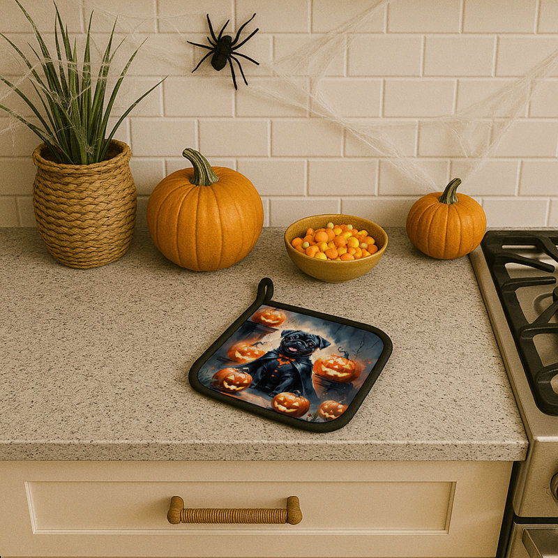 Black Pug Puppy Halloween Pair of Pot Holders