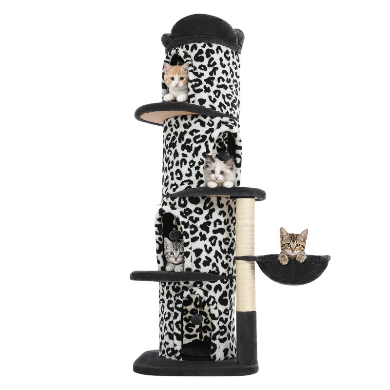 Arbre à chat de 174 cm (68,5 po) à motif léopard pour grands chats, avec niches, griffoirs et lit douillet, Noir