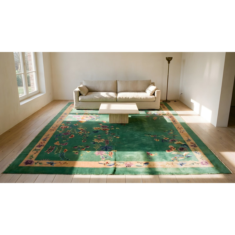 Antique Large Room Size Chinese Art Deco Hand Knotted Pile Green Rug