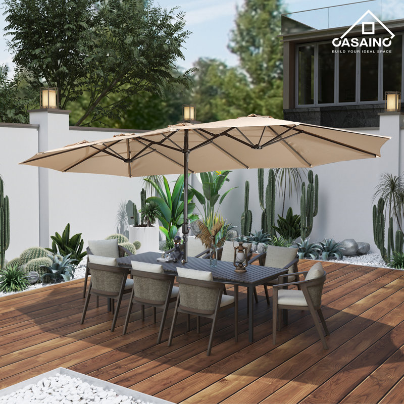 Tan Double-Sided Rectangular Market Umbrella with Iron Base