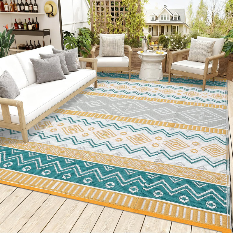 Waterproof Outdoor Area Rug - Geometric Patio Carpet, UV Resistant, Easy Clean, Lightweight & Durable Garden Deck Mat, Yellow