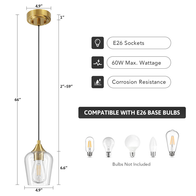 Pendant Light Fixture with Adjustable Height, Brushed Gold, 1