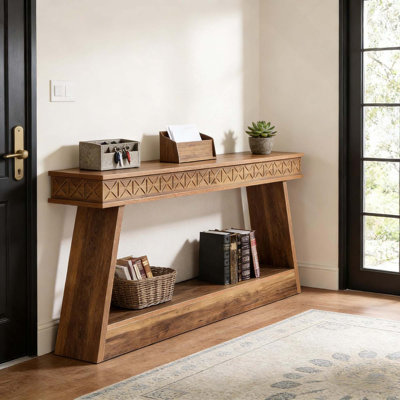 Console de hall d'entrée polyvalente à deux niveaux avec fabrication en panneau de fibres à densité moyenne robuste et tablettes ouvertes pour le rangement et la présentation dans les salons, les couloirs et plus encore