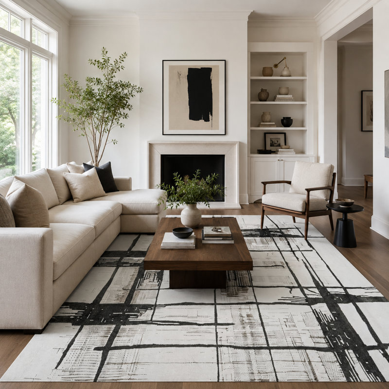 Abstract Non-Slip Machine Washable Modern Area Rug in Black/White for Living Room, Bedroom, Hallway Runner Indoor Rugs