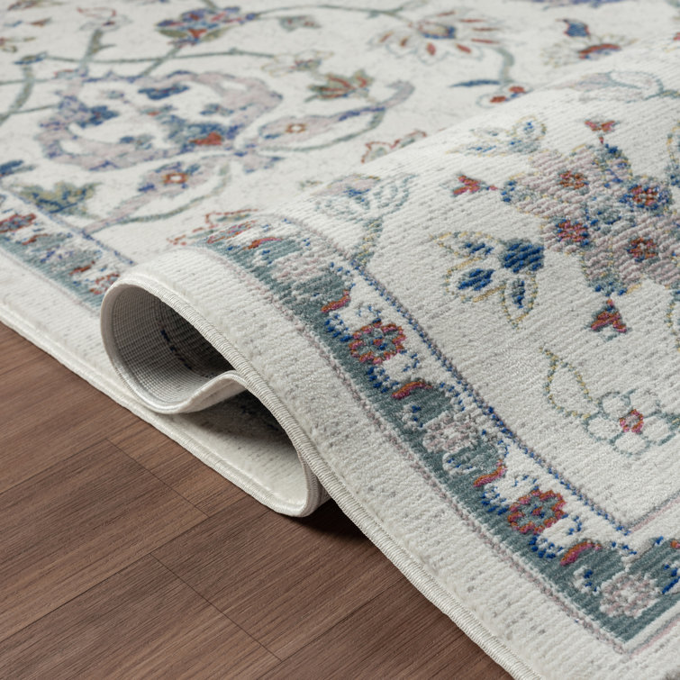 Nekiesha Ivory/Blue Floral Traditional Indoor Performance Area Rug