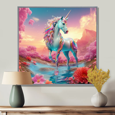 Magical White Unicorn In Pink Flower Magic Land - Unicorns Wall Art Living Room