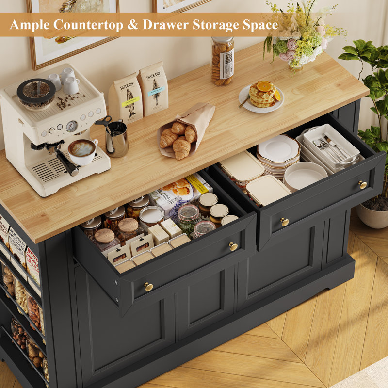 47.2"w Kitchen Island Cart With Solid Wood Top, Black
