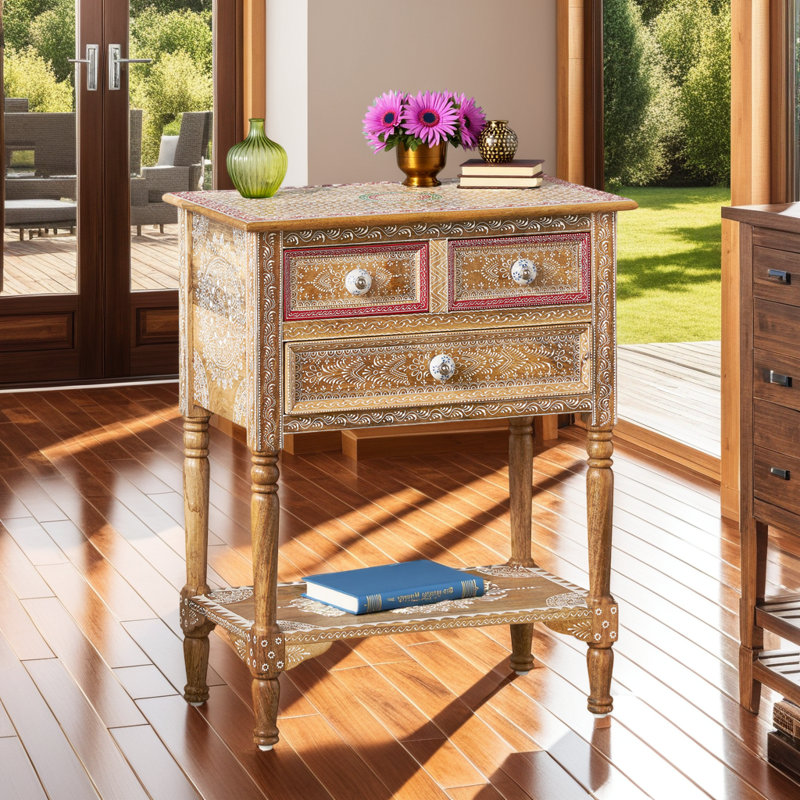 Table d'appoint en bois de manguier Boho fabriquée à la main avec 3 tiroirs et motif oriental peint