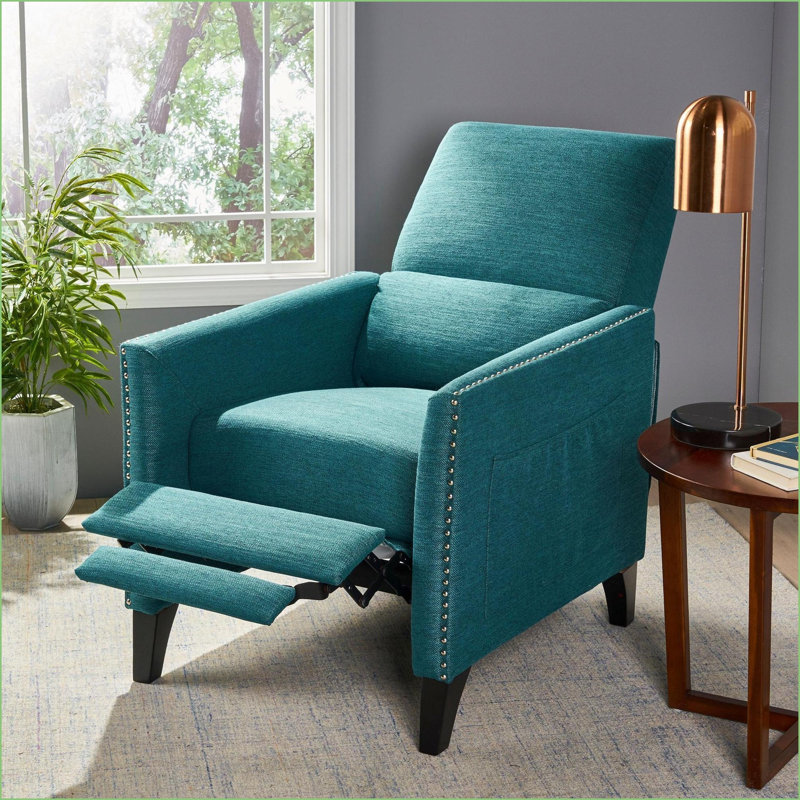Fauteuil inclinable avec accoudoirs cloutés Fauteuil Mid-Century à poches latérales | Bleu sarcelle | Tissu, Sarcelle