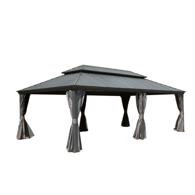 Outdoor Gazebo 14X22ft, Grey - Galvanized Steel Metal Top, Aluminum Frame, Built-In Gutter, Curtain & Netting 14X22ft With Roof And Frame For Patio Garden Deck