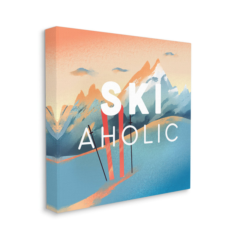 Ski-Aholic, expression, coucher de soleil, montagnes bleues enneigées, sport d'hiver, maison de campagne grise, estampe numérique encadrée, art texturé par Ziwei Li