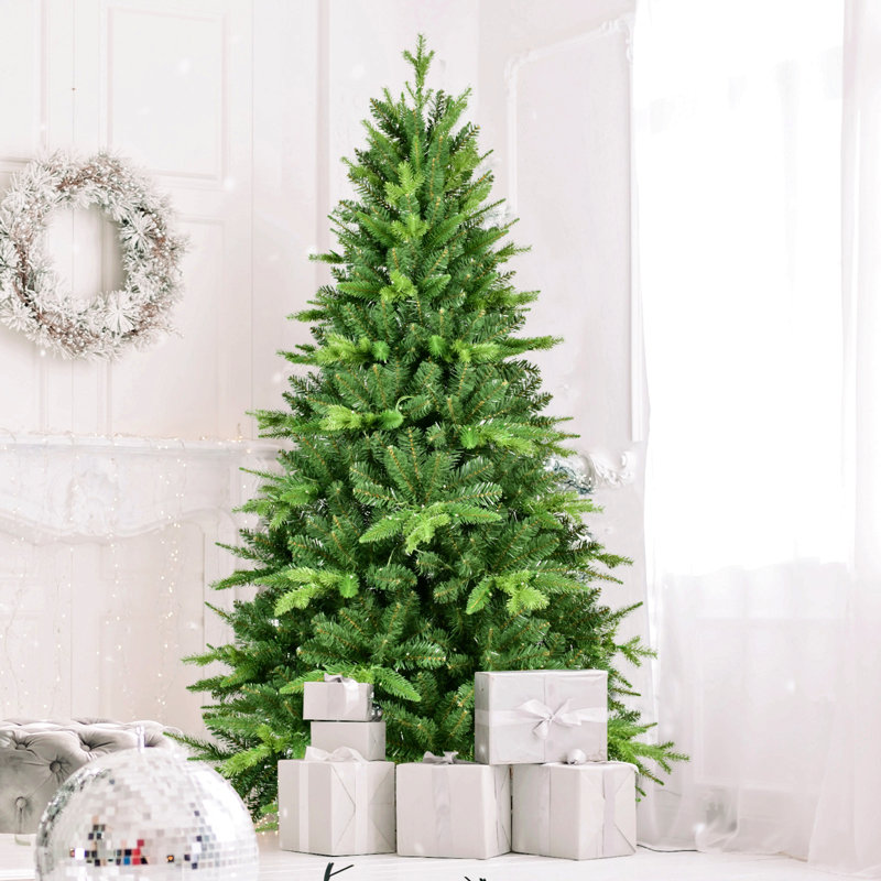 Arbre de Noël pré-éclairé avec lumières à DEL blanc chaud, arbre à charnières réaliste en PE + PVC avec support en métal, arbre de Noël artificiel complet pour la décoration des Fêtes