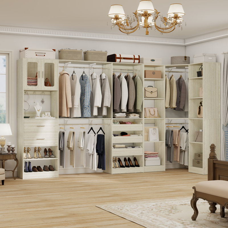120" × 39“ Closet System With Door And Wooden Drawers(Adjustable Width), Light Yellow