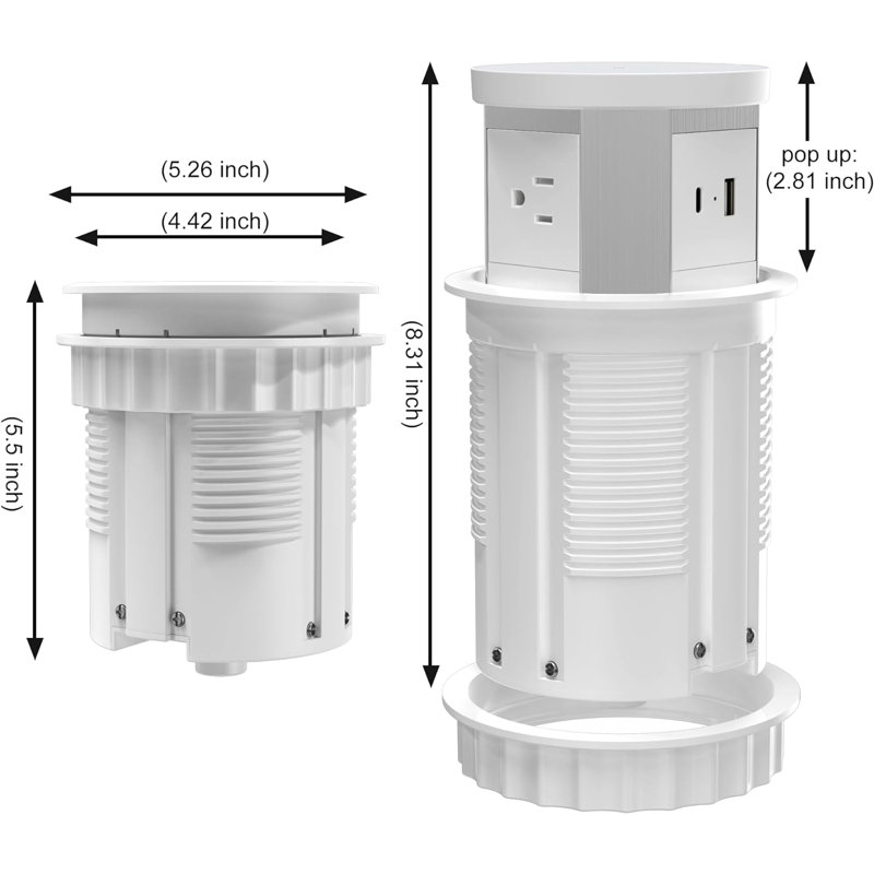 Prise électrique escamotable automatique 4,33 pouces, Ith 15w Chargeur sans fil 3 prises CA 1 prise USB-A 1 USB-C prise cachée 5 pi pour la cuisine / la maison / le bureau (blanc)