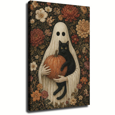 Fantôme tenant une citrouille et un chat noir dans un riche décor floral d'automne sur toile vintage pour l'Halloween