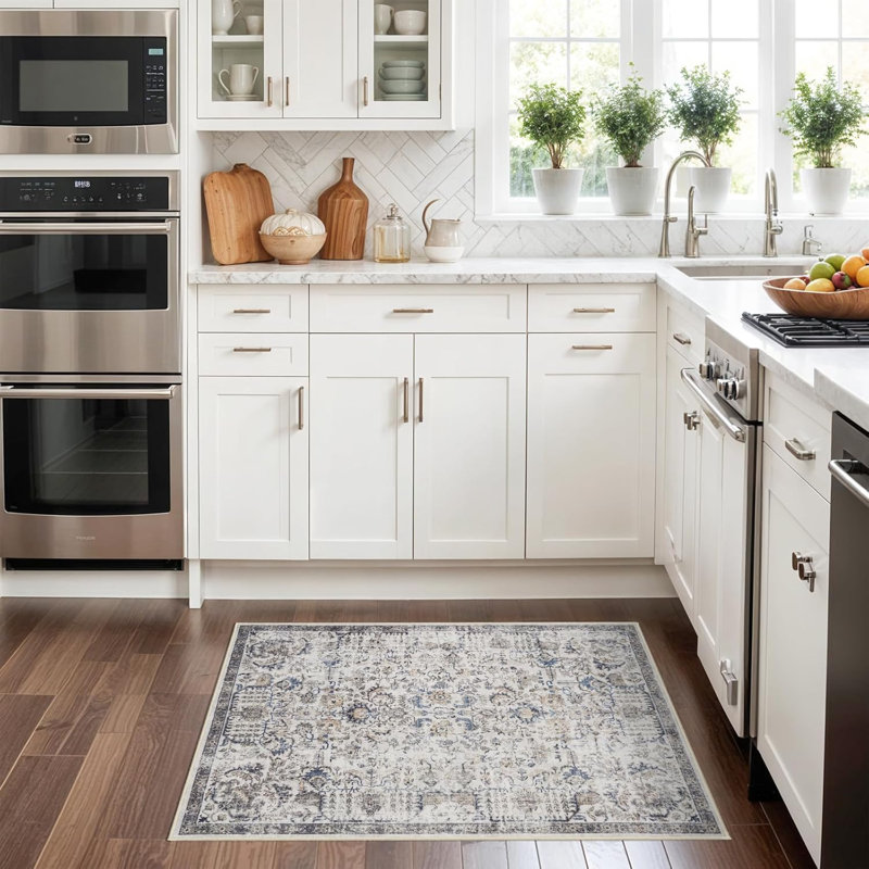Washable Rugs - Vintage Kitchen Rug Stain Resistant Rugs for Living Room Bedroom Laundry Room Mat Distressed Hallway Floor Carpet (Brown/Blue)
