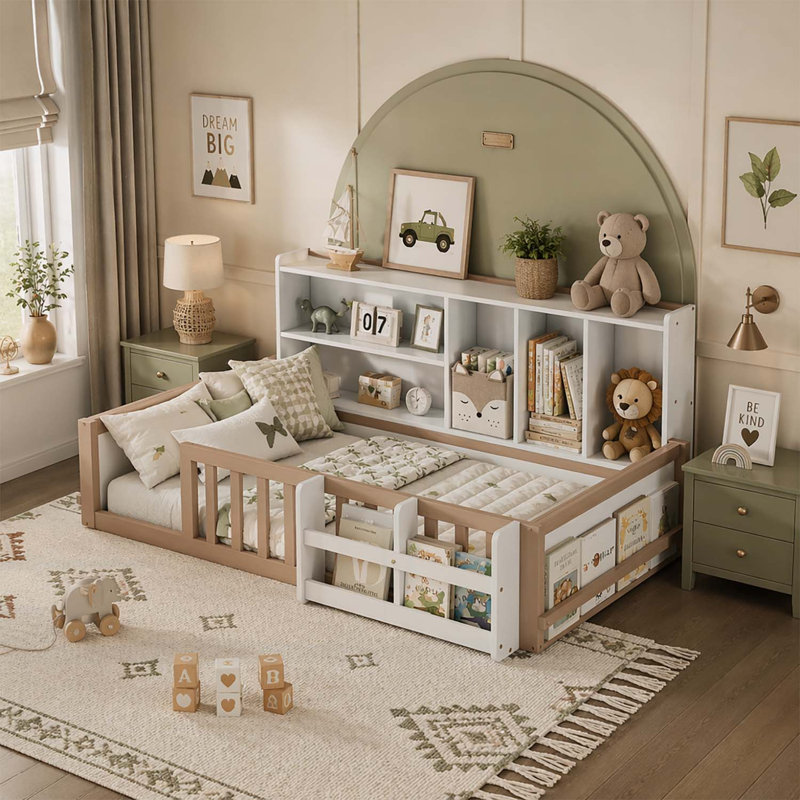 Lit plateforme en bois avec garde-corps, tablettes de rangement latérales et bibliothèque, Twin Size, Cream,White