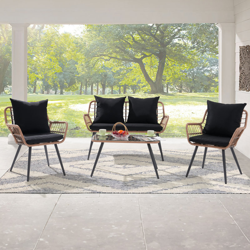 Outdoor 4 Pieces Patio Conversation Set With Cushions, Black