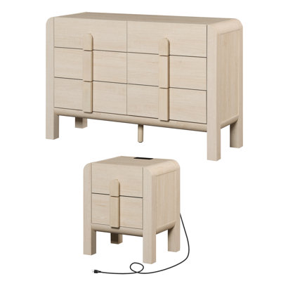 Ensemble de commode et table de chevet 6 tiroirs pour la chambre à coucher, ensemble de chambre à coucher 2 pièces, commode double à profil incurvé, commode en bois Mid-Century
