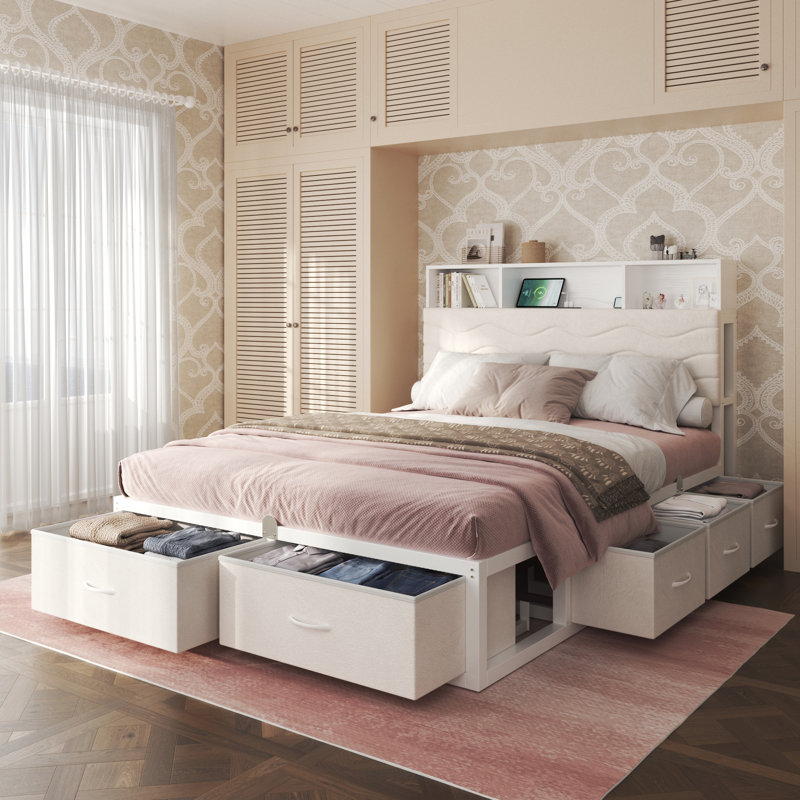 Upholstered Platform Bed Frame with 8 Storage Drawers, Storage Bed with LED light & Charging Station, Velvet Tufted Headboard with Adjustable Bedside Tables, No Box Spring Needed