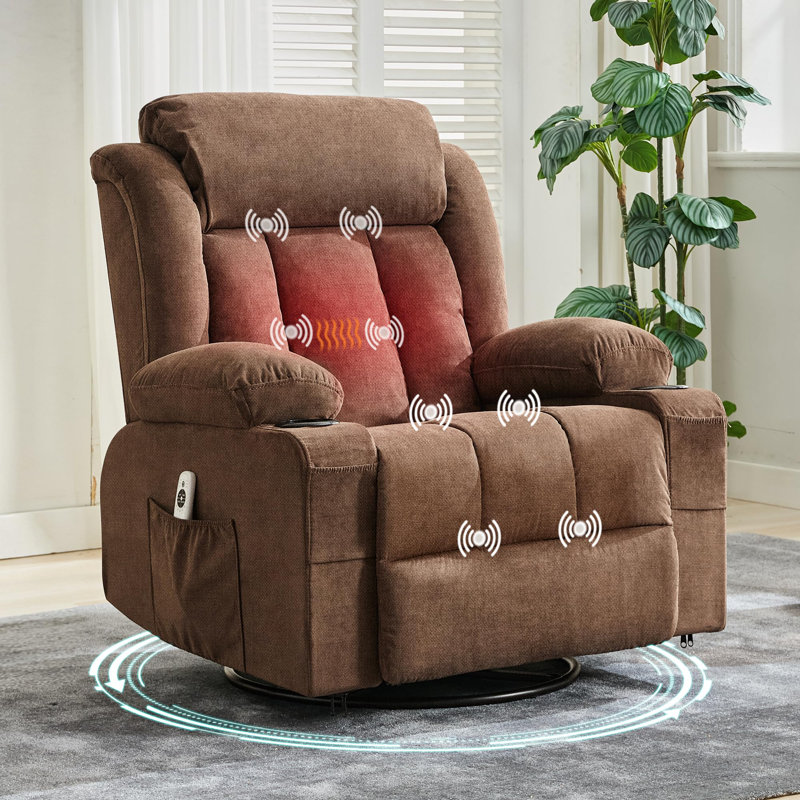 37.4" Oversized Manual Recliner with Heat and Massage, Swivel Rocker Chair with  USB Ports Cup Holders,, Brown